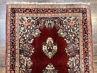 Persian Sarouk Runner Rug 2.7 x 6, Semi Open Field, Red, Handmade Hand Knotted, Wool Oriental Carpet, Vintage Semi Antique