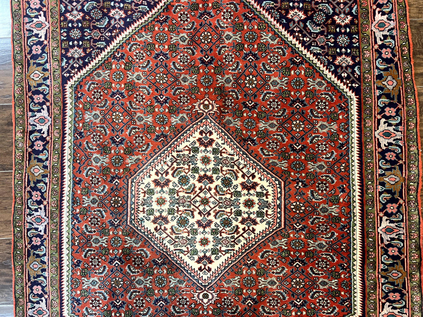 Persian Bidjar Rug 4x5, Finely Hand Knotted Vintage Carpet, Red and Navy Blue, Handmade Wool Rug, 180 KPSI