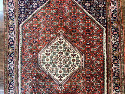 Persian Bidjar Rug 4x5, Finely Hand Knotted Vintage Carpet, Red and Navy Blue, Handmade Wool Rug, 180 KPSI