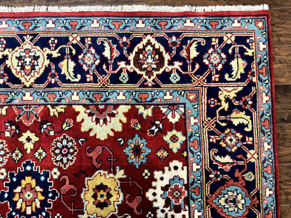 Indo Heriz Rug 8x10, Red and Navy Blue, Allover Pattern, Wool Handmade Carpet