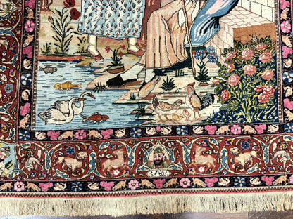 Wonderful Persian Kashan Pictorial Rug 4.7 x 6.5, Persian Rug for Wall Hanging, Handmade Antique Wool Carpet Animal Motifs Poetry Lovers, 240 KPSI