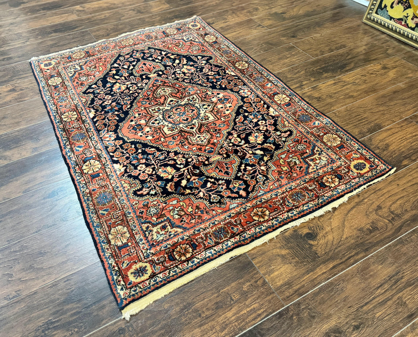 Persian Sarouk Rug 3.6 x 5, Medallion Rug, Red and Midnight Blue, Handmade Semi Antique Vintage Wool Carpet