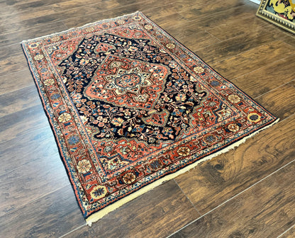 Persian Sarouk Rug 3.6 x 5, Medallion Rug, Red and Midnight Blue, Handmade Semi Antique Vintage Wool Carpet