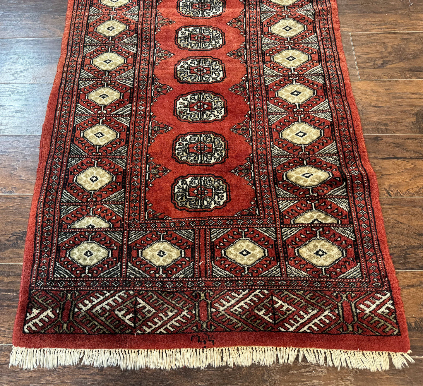 Red Pakistani Turkoman Bokhara Rug 3x5 Vintage Hand Knotted Signed