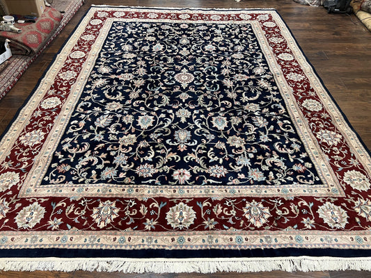 Indo Perisan Rug 9x12, Floral Allover, Midnight Blue and Dark Red Room Sized Carpet 9 x 12 ft, Hand Knotted Wool Vintage Indian Oriental Rug