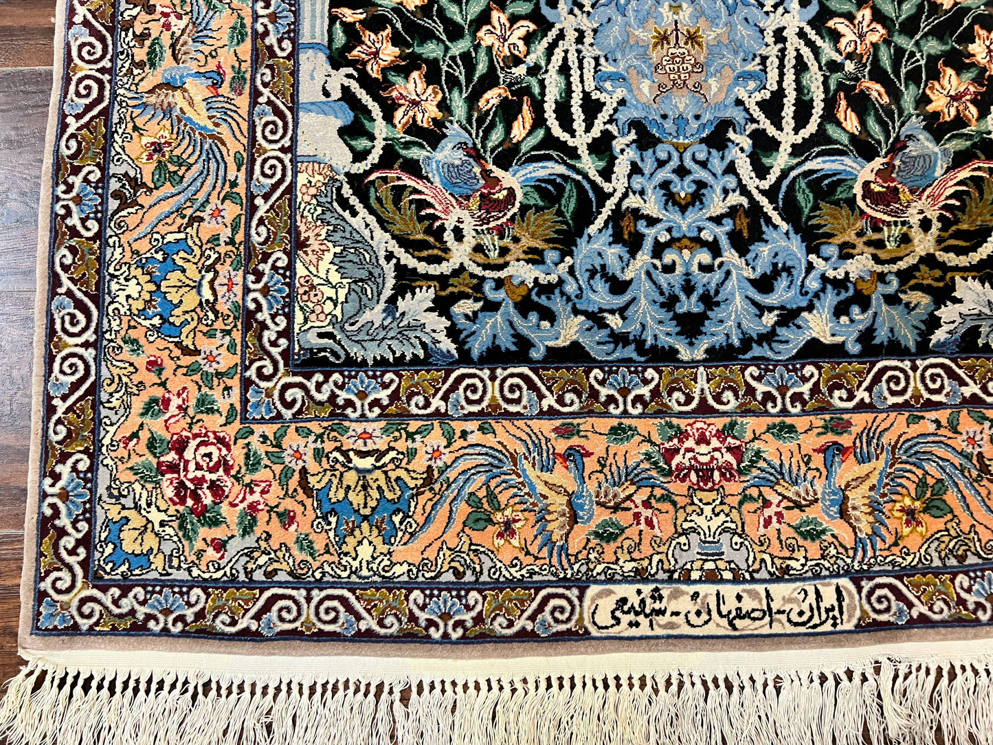 Persian Isfahan Rug 3.7x5 Kork Wool On Silk Tree Of Life Vase Peacocks Very Fine 460 KPSI