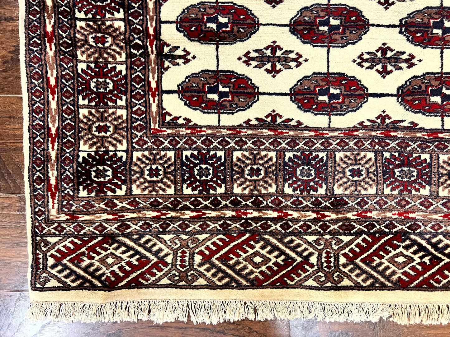 Pakistani Bokhara Rug 4x6 Vintage Handmade Wool Carpet Ivory Turkoman Style