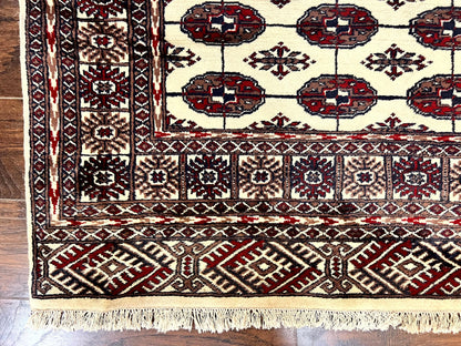 Pakistani Bokhara Rug 4x6 Vintage Handmade Wool Carpet Ivory Turkoman Style