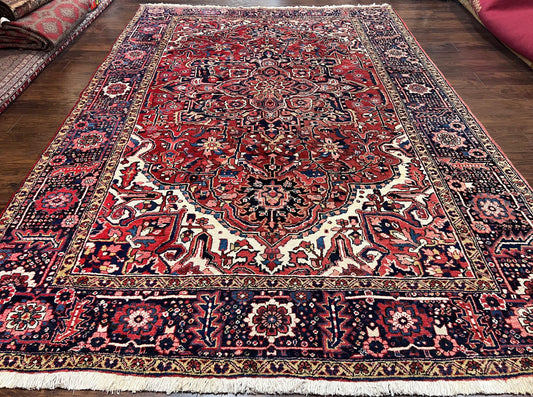 Persian Heriz Rug 8x12 Vintage Semi Antique Geometric Medallion Wool Hand Knotted Oriental Carpet