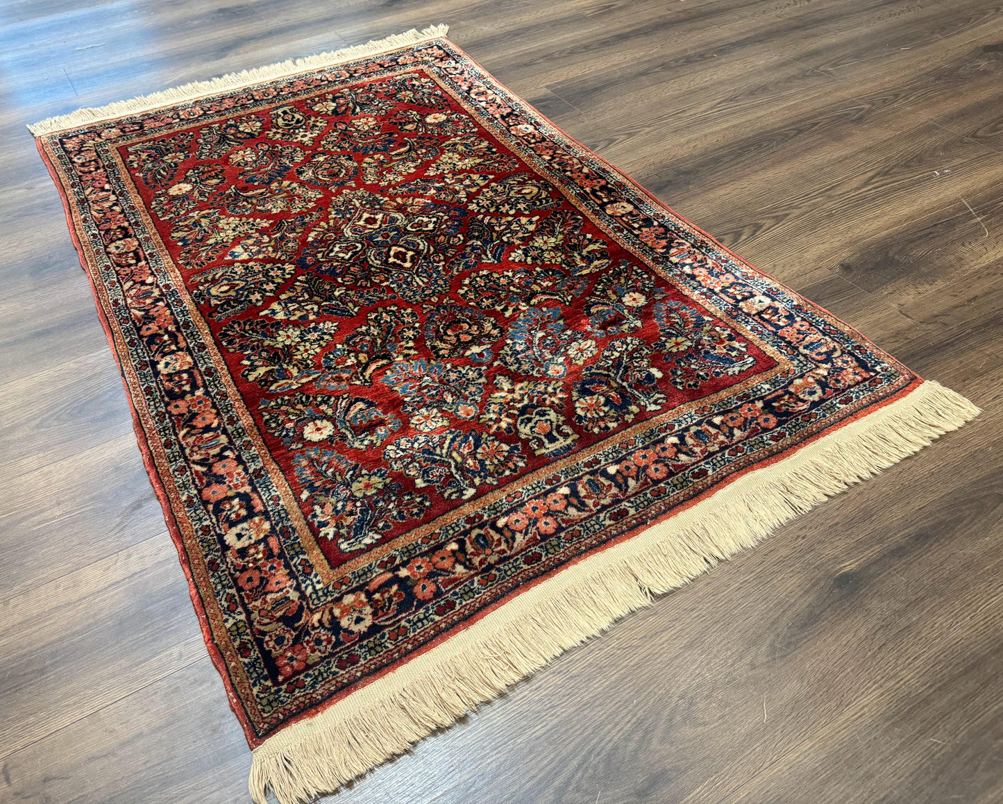 Antique Persian Sarouk Rug Hand Knotted 3x5 Red Floral Navy Ivory 200 KPSI