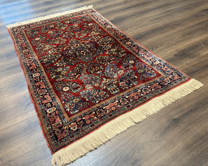 Antique Persian Sarouk Rug Hand Knotted 3x5 Red Floral Navy Ivory 200 KPSI