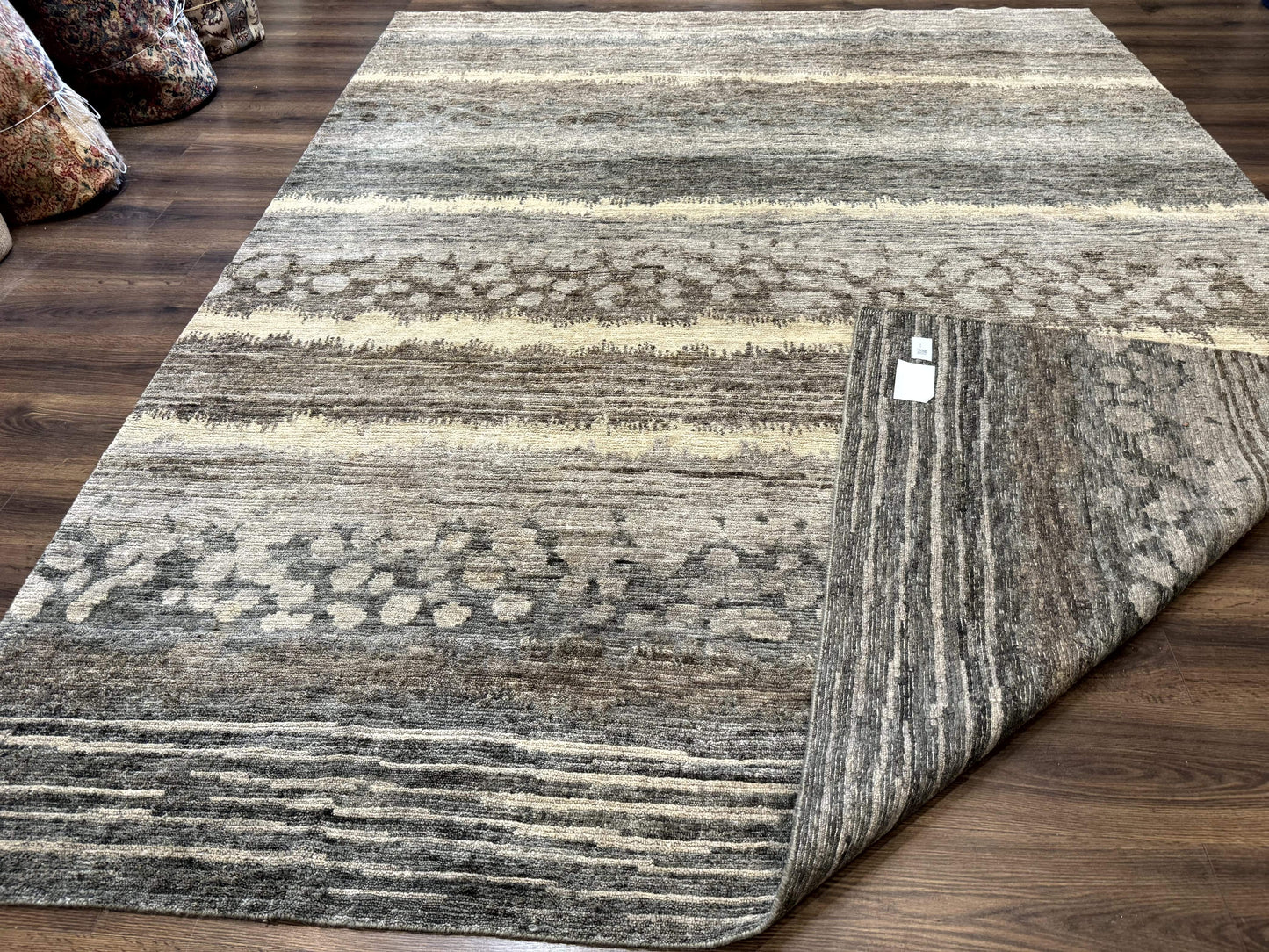 Modern Tibetan Wool Rug 8x10, Abstract, Contemporary, Handmade, Gray, Stripes