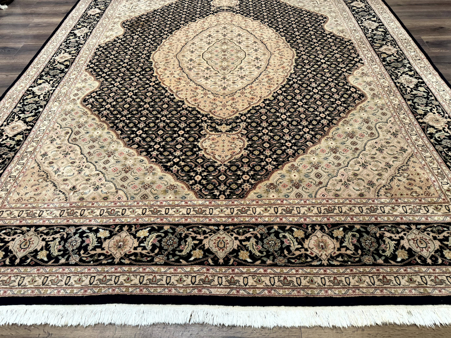 Sino Persian Rug 8x10, Herati Mahi Pattern, Fine 170 KPSI, Black, Wool and Silk Highlights