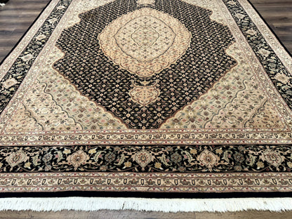 Sino Persian Rug 8x10, Herati Mahi Pattern, Fine 170 KPSI, Black, Wool and Silk Highlights