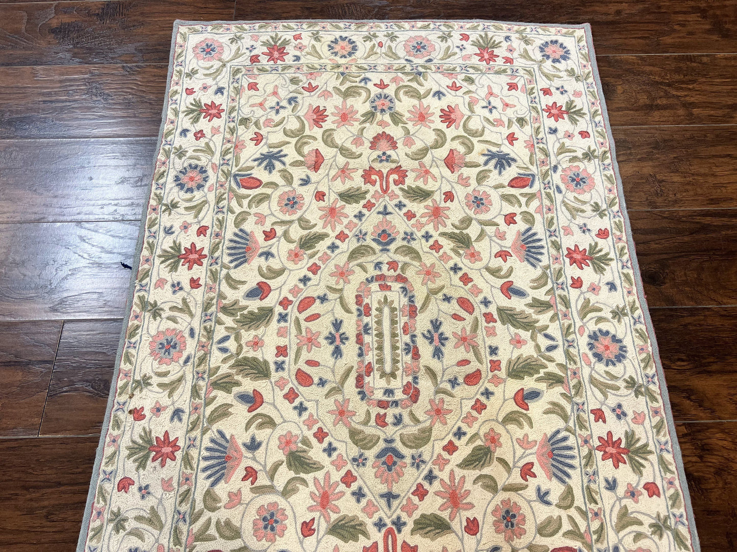 Hand Stitched Indian Rug Floral Vintage Wool Area Rug 4x5 Hand Embroidered