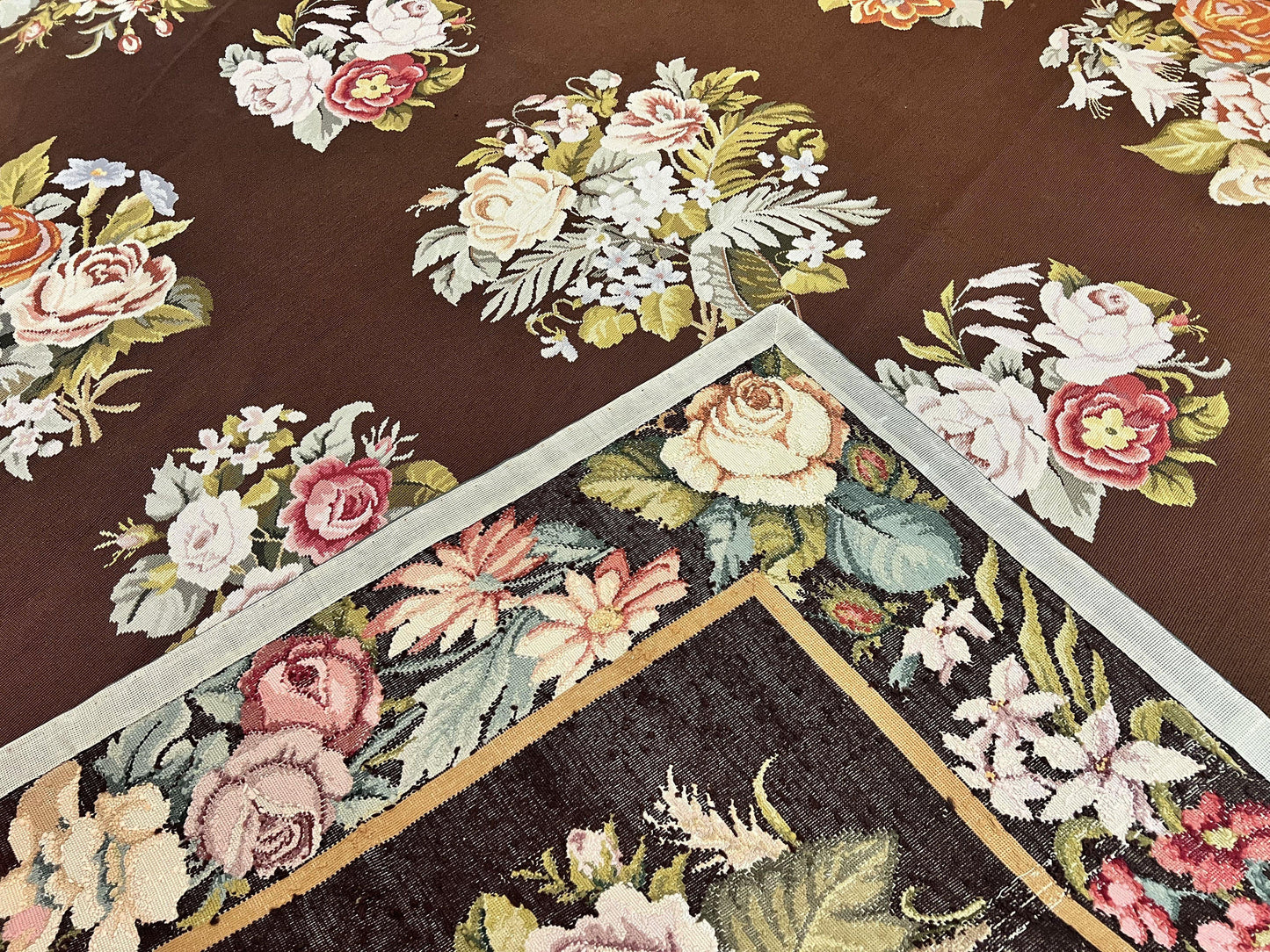 Vintage Needlepoint Rug 9x12 Handmade Wool Carpet With Floral Bouquets European Design