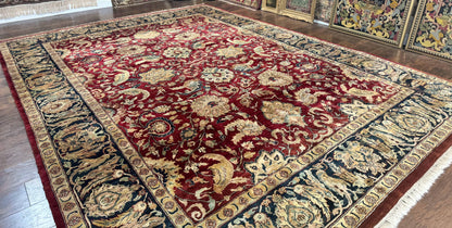 Indo Persian Rug 10x14 Vintage Handmade Wool Carpet Dark Red Navy Blue Beige