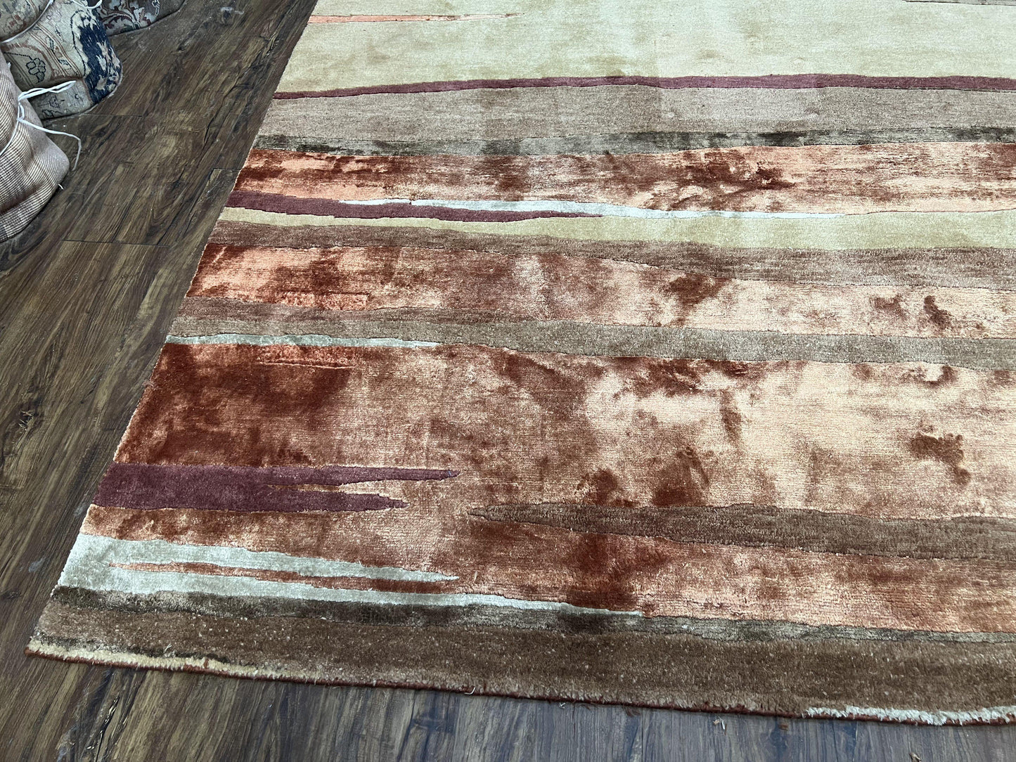 Modern Tibetan Rug 8x11 Nepali Carpet, Shiny Velvely Soft Wool and Silk, Contemporary Hand Knotted Rug, Striped Design, Wool Area Rug 8 x 11