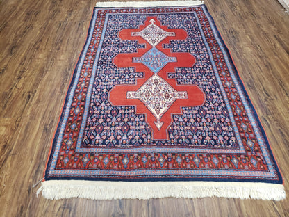 Senneh Wool Area Rug 4x6 Handmade Kurdish Carpet Vegetable Dyes Red Blue