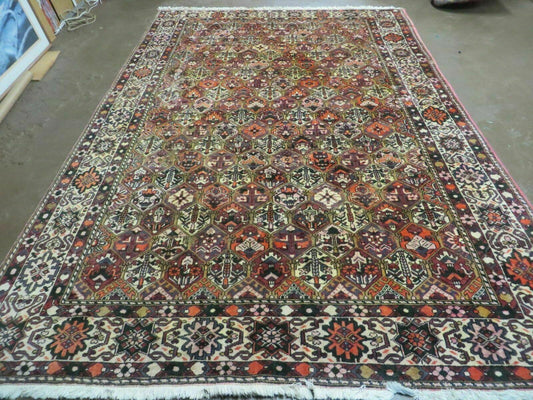 Antique Persian Bakhtiari Rug 7x10 - Multicolor Repeated Panel Design - Vegetable Dyed Rug - Hand Knotted Wool Room Sized Oriental Carpet 7 x 10 Rug