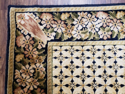 Indo Tibetan Wool Rug Handmade 6x8 Floral Border In Black Cream