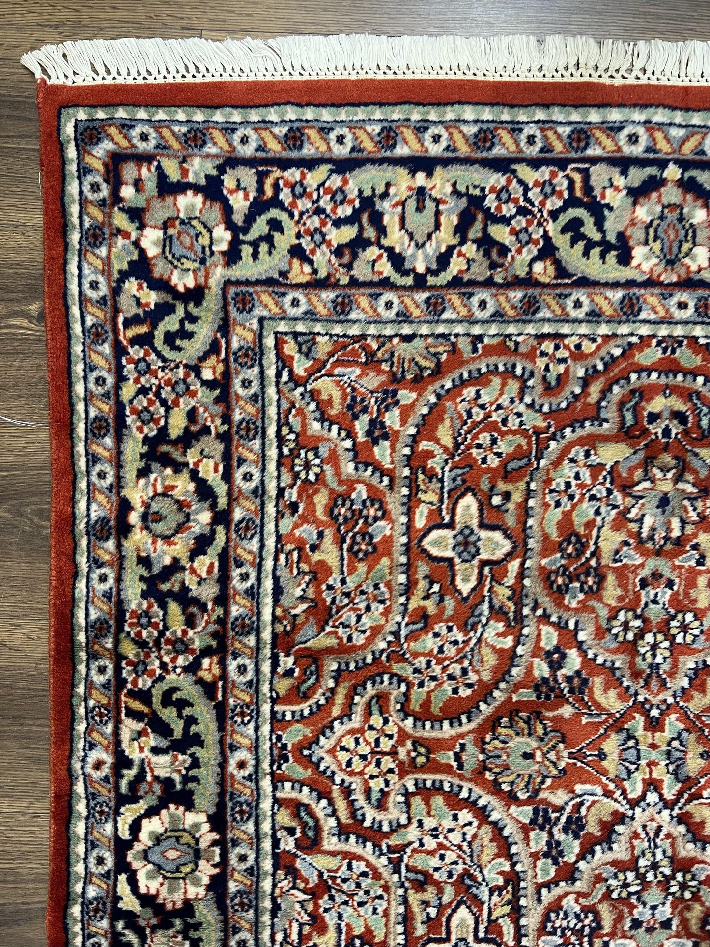 Indo Persian Rug 4x7, Allover Floral Oriental Carpet, Red and Navy Blue, Hand Knotted Indian Kashmiri Traditional Vintage Area Rug 4 x 7 ft