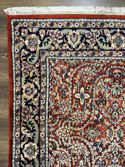 Indo Persian Rug 4x7, Allover Floral Oriental Carpet, Red and Navy Blue, Hand Knotted Indian Kashmiri Traditional Vintage Area Rug 4 x 7 ft