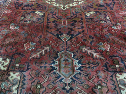 Persian Heriz Rug 8x11 Hand Knotted Wool Geometric Medallion Vintage