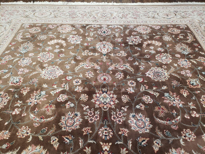 Pak-Persian Vintage Wool Rug 9x12 Hand-Knotted Spice Brown Ivory Traditional Oriental Carpet