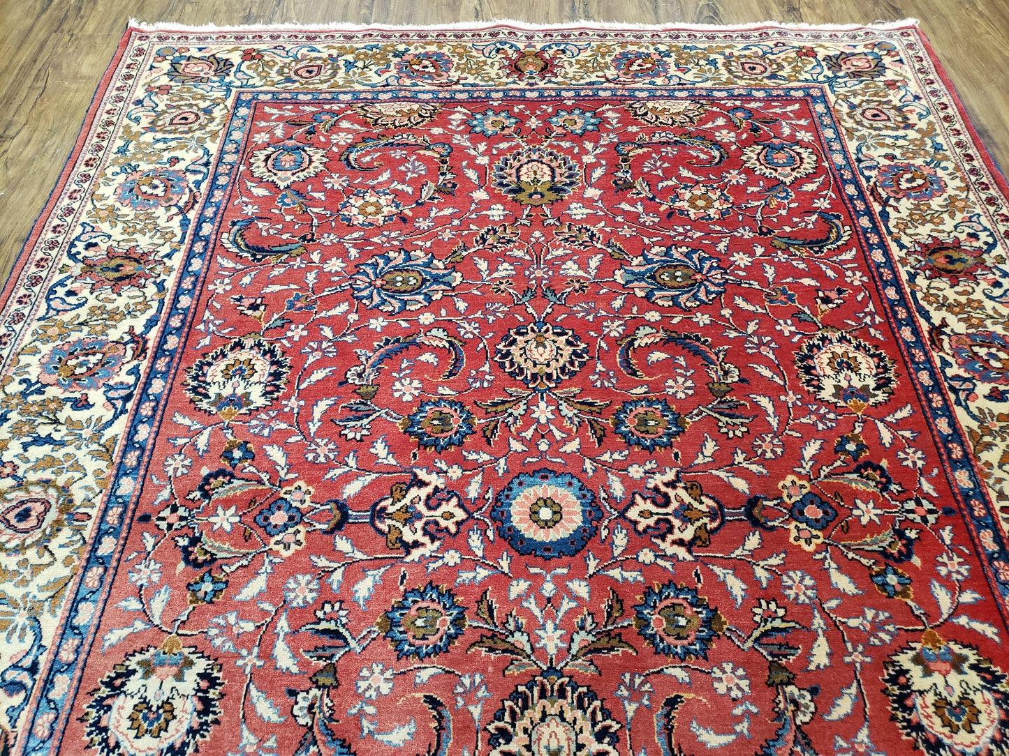 Semi Antique Persian Kashan, Red & Cream, Hand-Knotted, Wool, 4' 8" x 6' 6", Pair A