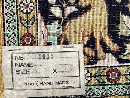 Silk Tree of Life Persian Qum Rug 3x4, Hand Knotted Vintage Carpet, Cream & Black, Very Fine Oriental Rug, Animal Pictorials, Birds