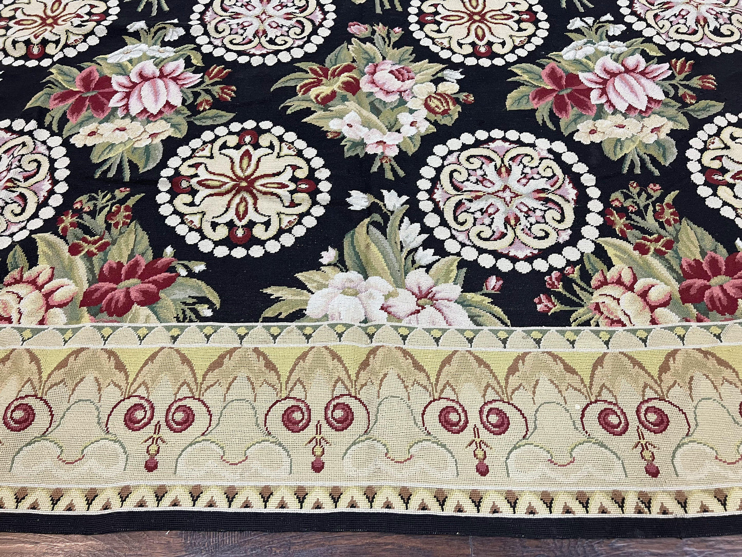 Black Wool Needlepoint Rug 9x12 Handwoven European Floral Panel Design Vintage Chinese