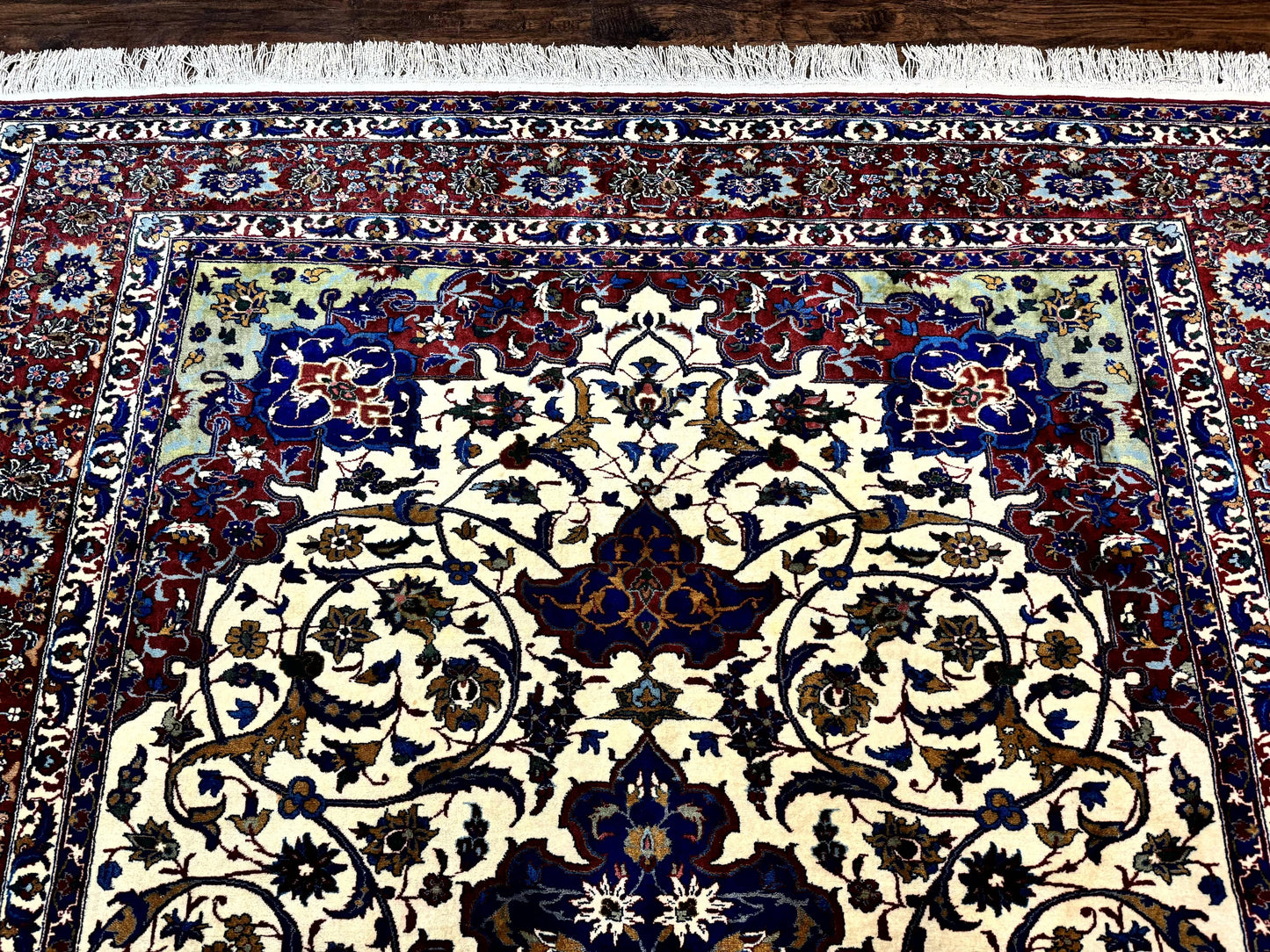 Wonderful Persian Isfahan Rug 7x9, Ivory Navy Blue Red, Floral Medallion, Very Finely Hand Knotted 260 KPSI, Handmade Wool Vintage Rug
