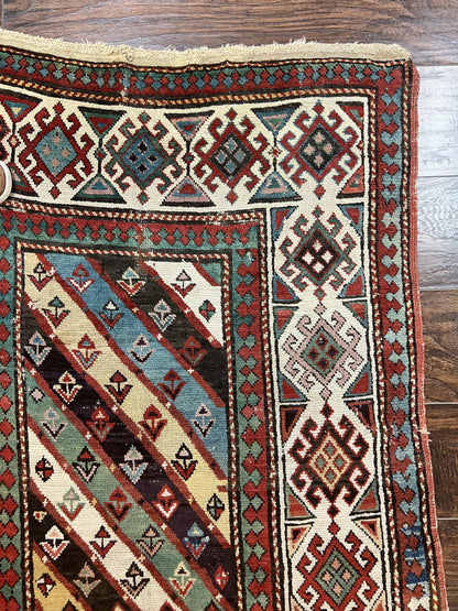 Caucasian Kazak Runner Rug 3.6 x 8, Wool Hand Knotted Antique 1880s Carpet, Ivory & Multicolor Stripes Oriental Runner Rug, Hallway Rug