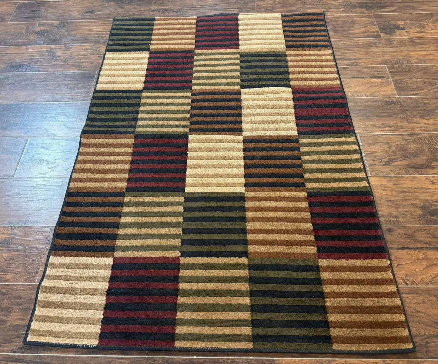Vintage Power Loomed Rug 3.6 x 5, Brown Beige Black Tan, Box Design