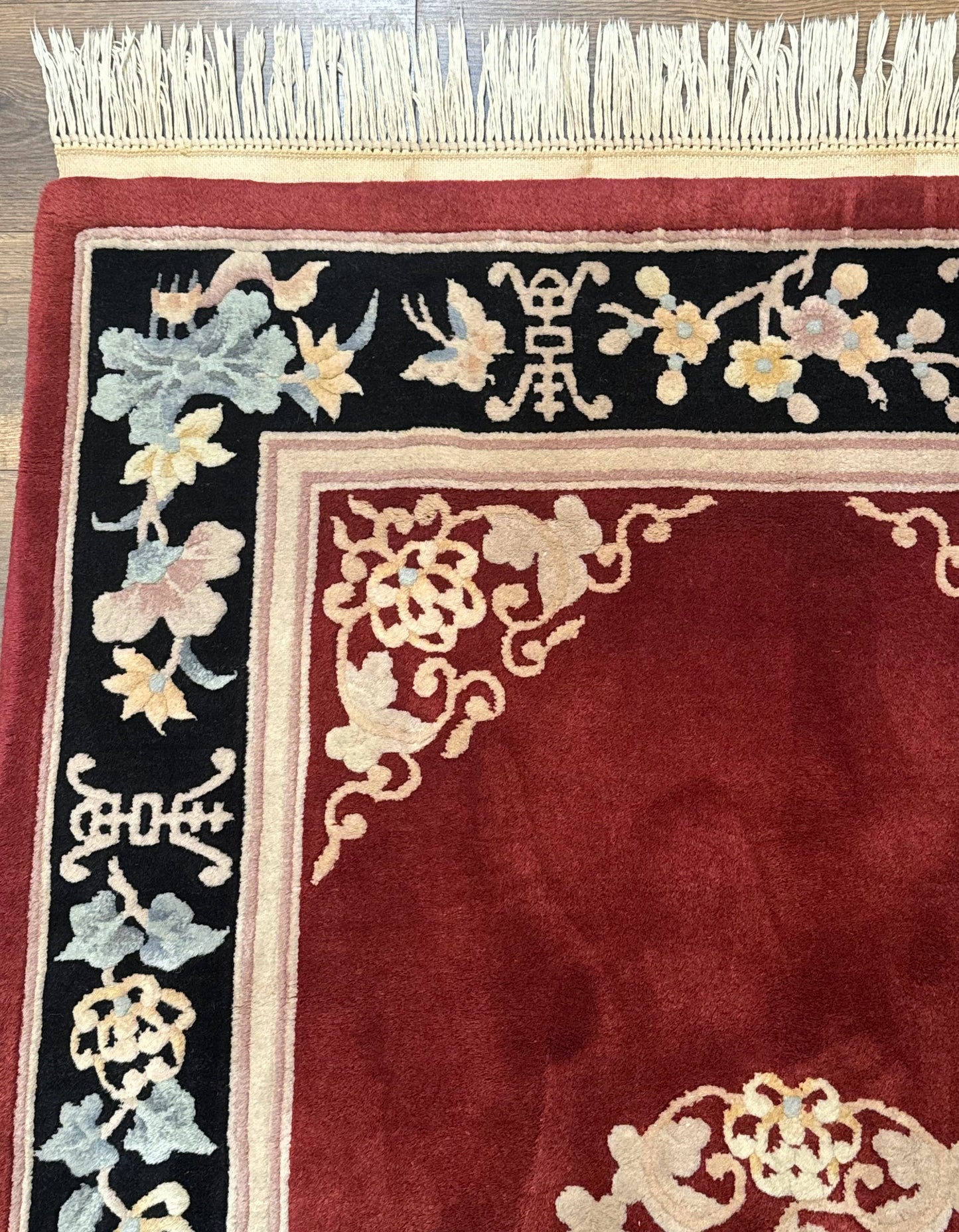 Chinese Wool Rug 4x6 Hand Knotted 90 Line Butterflies Maroon and Black