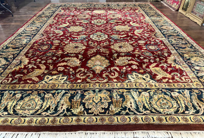 Indo Persian Rug 10x14 Vintage Handmade Wool Carpet Dark Red Navy Blue Beige