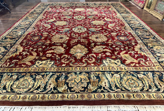 Indo Persian Rug 10x14 Vintage Handmade Wool Carpet Dark Red Navy Blue Beige