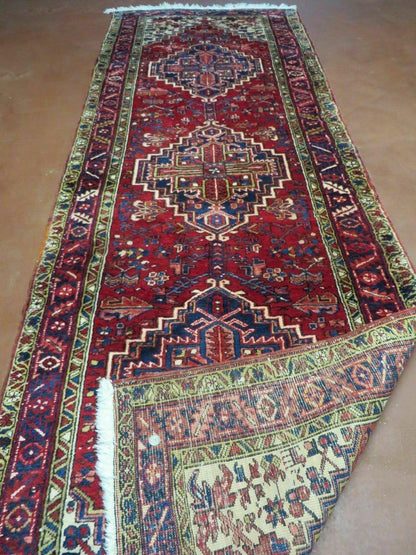 Heriz Persian Runner Rug Hand Knotted Wool Medallion Design Antique Oriental Hallway Rug 3 Ft 9 In By 10 Ft 8 In