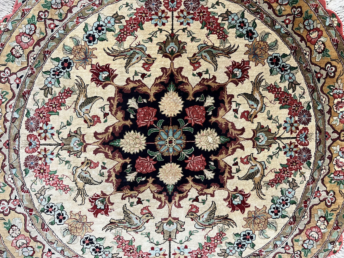 Silk Persian Tabriz Round Rug 3x3 Ft Hand Knotted Carpet Cream Gold Floral Birds