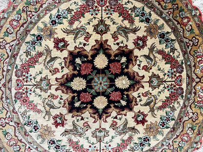 Silk Persian Tabriz Round Rug 3x3 Ft Hand Knotted Carpet Cream Gold Floral Birds