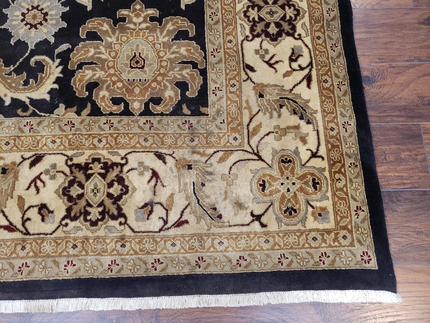 Indo Mahal Rug 8x12 Handmade Wool Area Rug With Black Floral Oriental For Dining Room