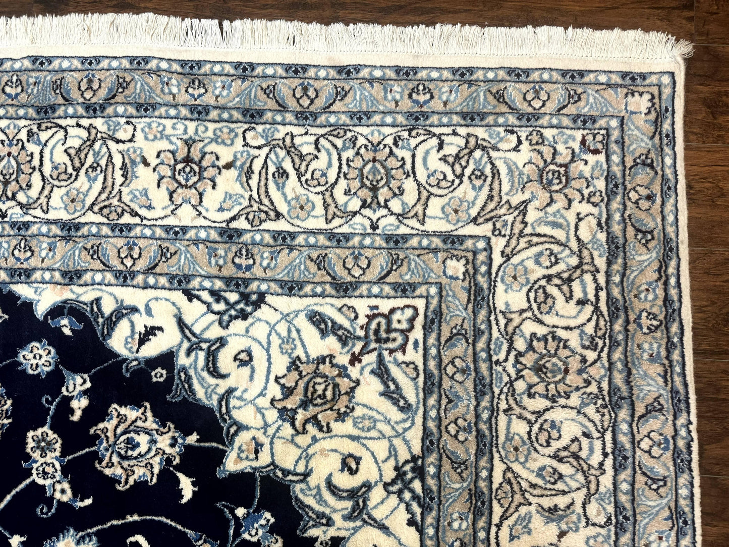 Persian Nain Rug 8x11, Navy Blue and Ivory, Handmade Wool Vintage Carpet, Floral Medallion