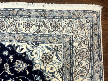 Persian Nain Rug 8x11, Navy Blue and Ivory, Handmade Wool Vintage Carpet, Floral Medallion