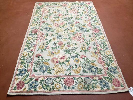 Chain Stitch Rug Handcrafted Vintage Wool Cotton Floral Area Rug