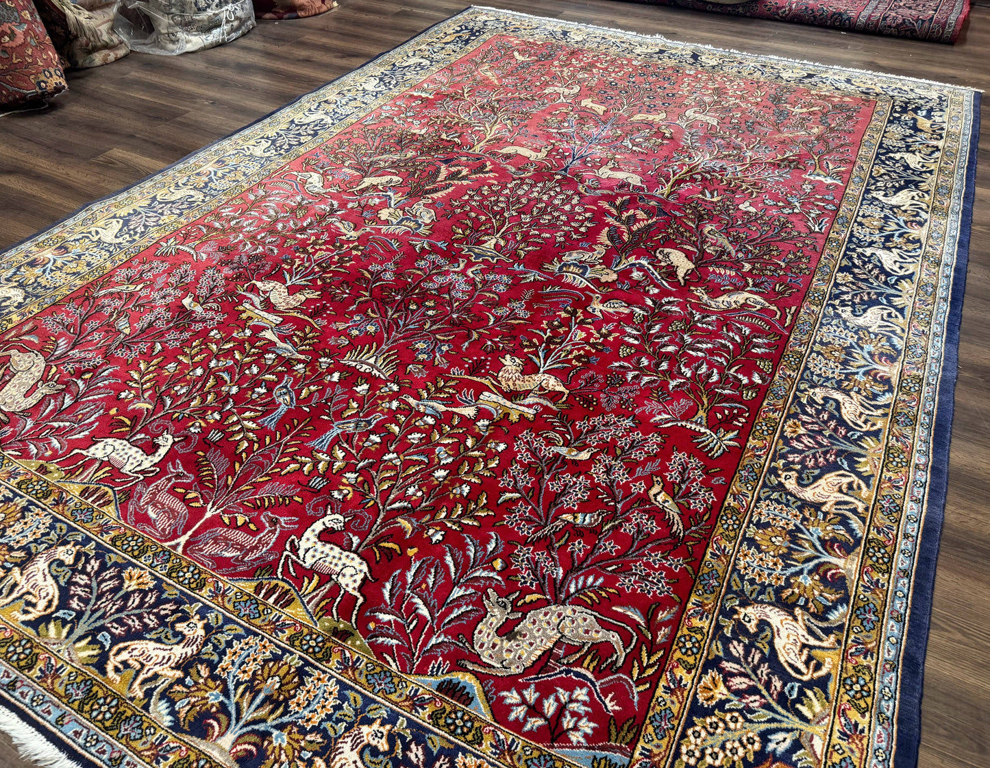 Persian Qum Rug 9x12 Tree of Life Pictorial With Deer Birds Floral In Red And Navy