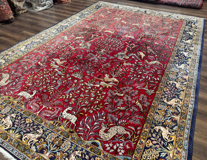 Persian Qum Rug 9x12 Tree of Life Pictorial With Deer Birds Floral In Red And Navy