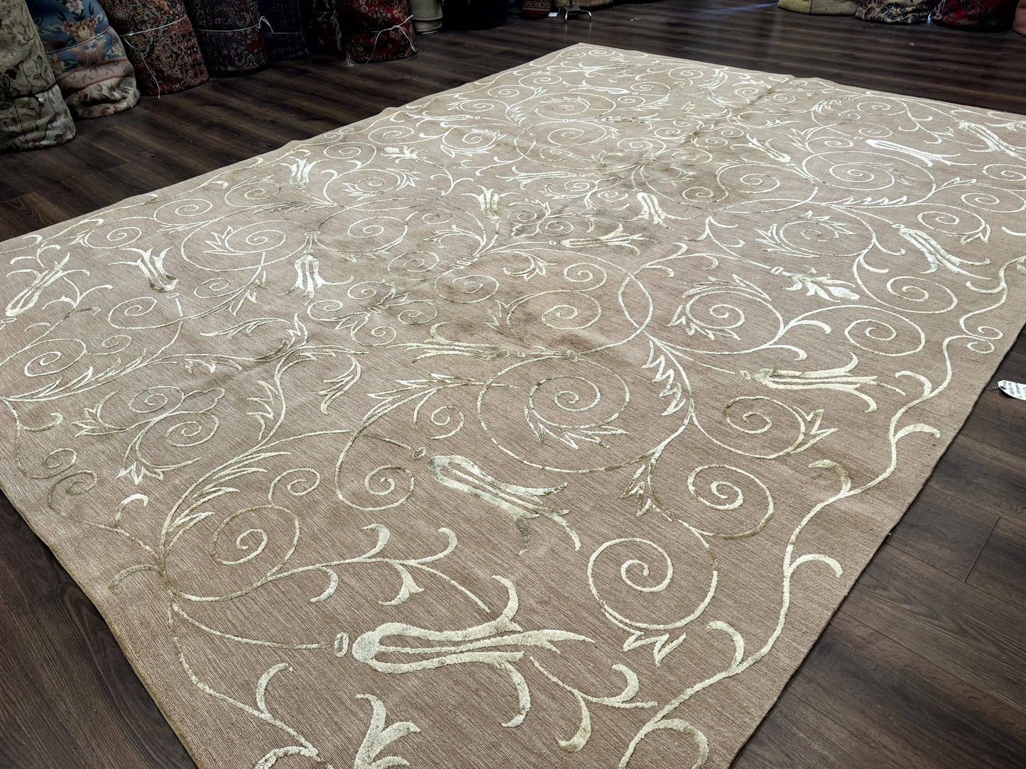 Tibetan Rug Hand Knotted Wool Silk 9x12 Beige Modern Handmade Carpet