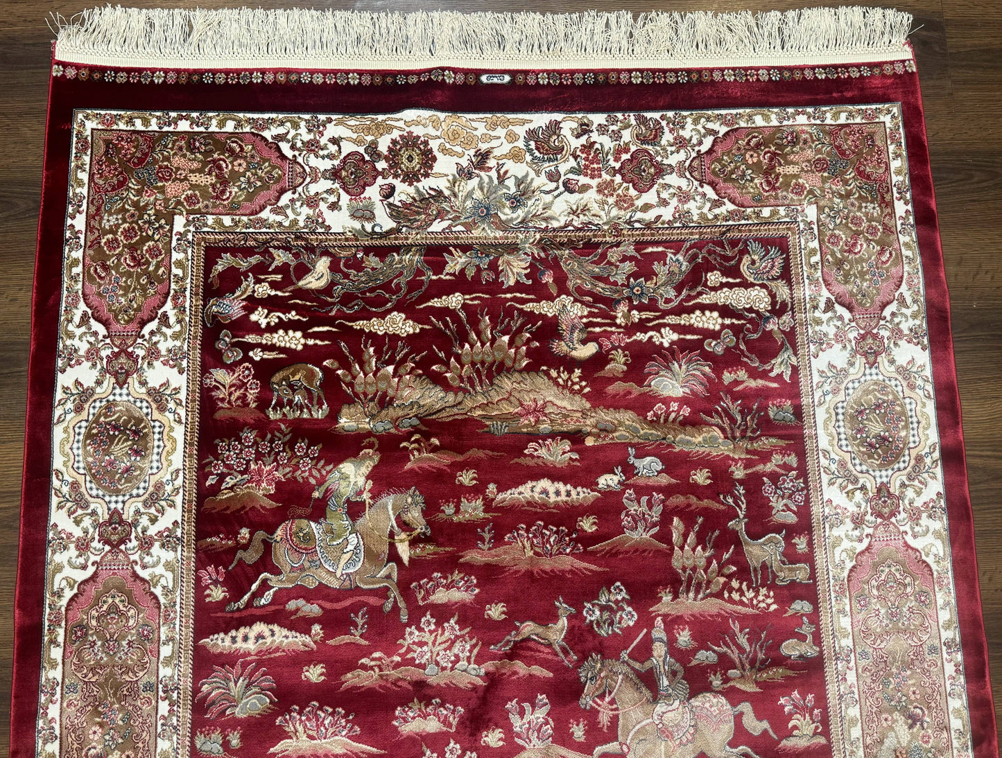 Turkish Silk Hunting Design Rug 4x6 Bamboo Silk Dark Red Ivory