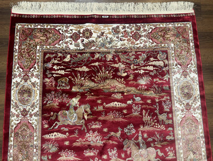 Turkish Silk Hunting Design Rug 4x6 Bamboo Silk Dark Red Ivory